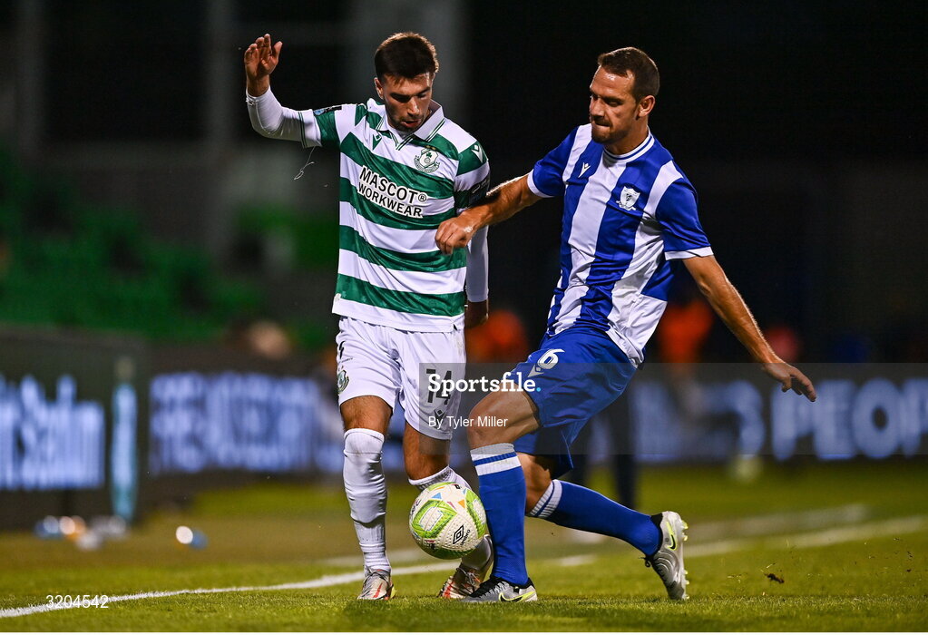 31 July 2025; Danny Mandroiu of Shamrock Rovers in action against Manuel Sánchez of St Joseph's during the UEFA Conference League Second Qualifying Round second leg match between Shamrock Rovers and St Joseph's at Tallaght Stadium in Dublin. Photo by Tyler Miller/Sportsfile