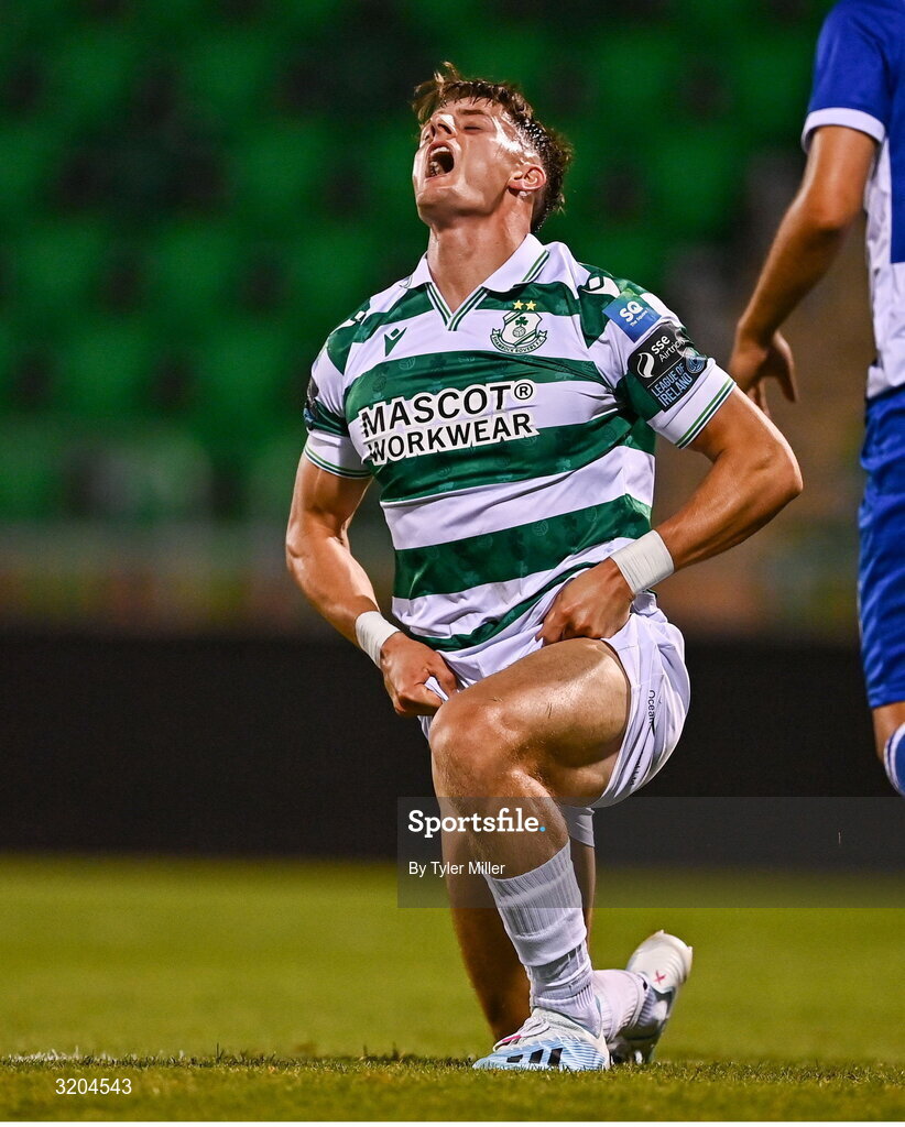31 July 2025; John McGovern of Shamrock Rovers reacts after a missed opportunity on goal during the UEFA Conference League Second Qualifying Round second leg match between Shamrock Rovers and St Joseph's at Tallaght Stadium in Dublin. Photo by Tyler Miller/Sportsfile