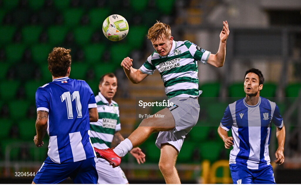 31 July 2025; Michael Noonan of Shamrock Rovers has a header on goal during the UEFA Conference League Second Qualifying Round second leg match between Shamrock Rovers and St Joseph's at Tallaght Stadium in Dublin. Photo by Tyler Miller/Sportsfile