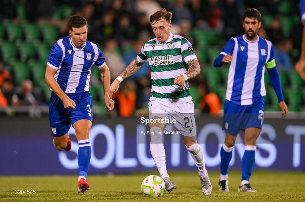 31 July 2025; Danny Grant of Shamrock Rovers in action against Jayce Olivero of St Joseph's during the UEFA Conference League Second Qualifying Round second leg match between Shamrock Rovers and St Joseph's at Tallaght Stadium in Dublin. Photo by Stephen McCarthy/Sportsfile