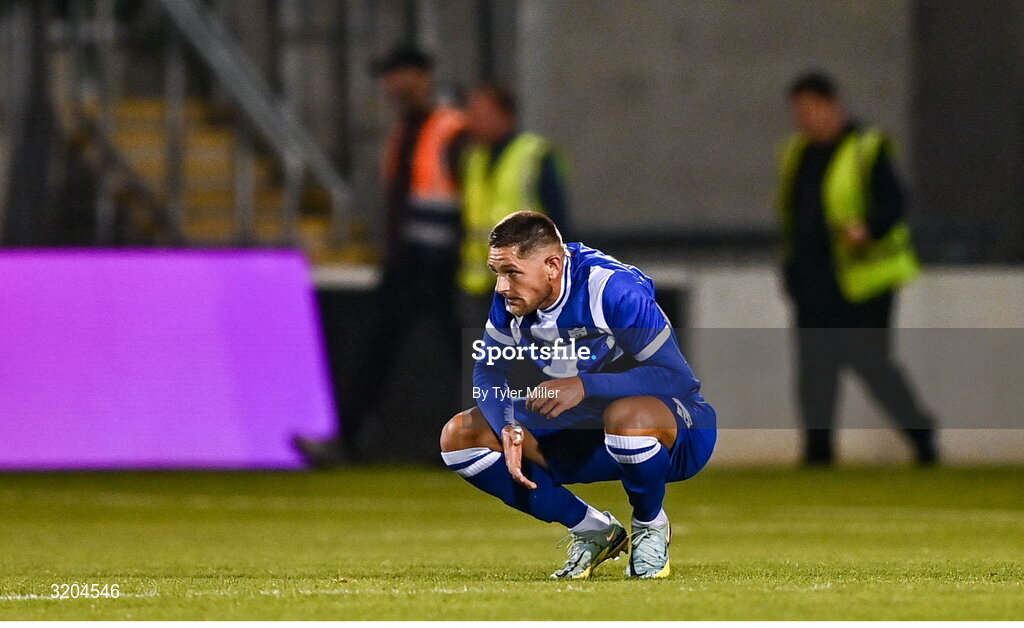 31 July 2025; Ethan Santos of St Joseph's reacts after the UEFA Conference League Second Qualifying Round second leg match between Shamrock Rovers and St Joseph's at Tallaght Stadium in Dublin. Photo by Tyler Miller/Sportsfile