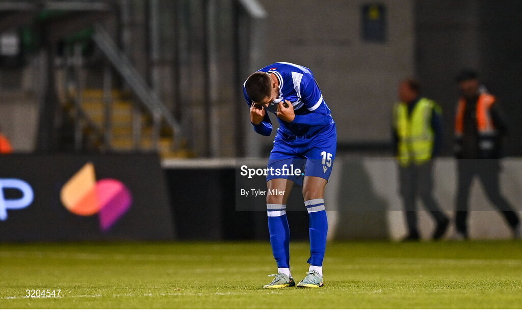 31 July 2025; Ethan Santos of St Joseph's reacts after the UEFA Conference League Second Qualifying Round second leg match between Shamrock Rovers and St Joseph's at Tallaght Stadium in Dublin. Photo by Tyler Miller/Sportsfile