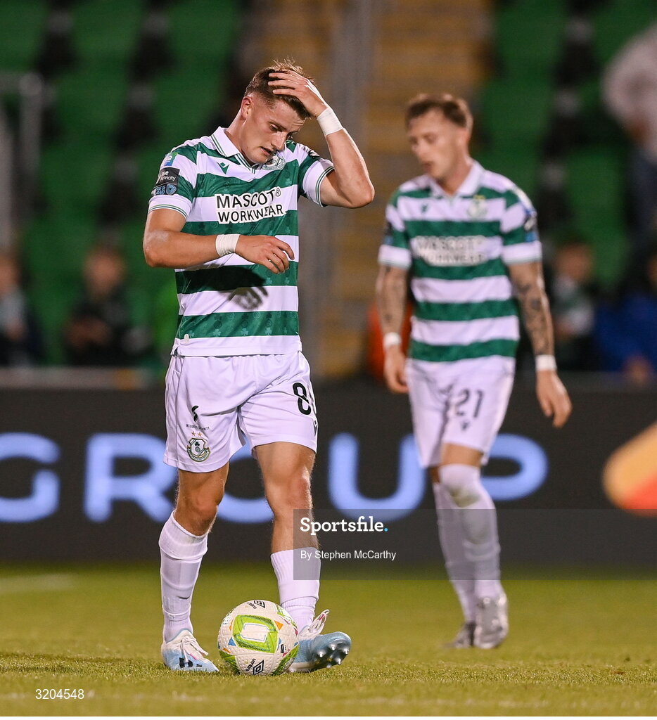 31 July 2025; John McGovern of Shamrock Rovers reacts at the final whistle of the UEFA Conference League Second Qualifying Round second leg match between Shamrock Rovers and St Joseph's at Tallaght Stadium in Dublin. Photo by Stephen McCarthy/Sportsfile