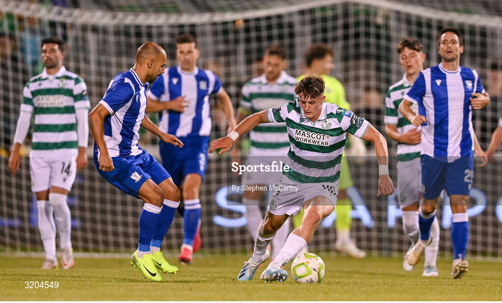 31 July 2025; John McGovern of Shamrock Rovers in action against Angel Martinez of St Joseph's during the UEFA Conference League Second Qualifying Round second leg match between Shamrock Rovers and St Joseph's at Tallaght Stadium in Dublin. Photo by Stephen McCarthy/Sportsfile