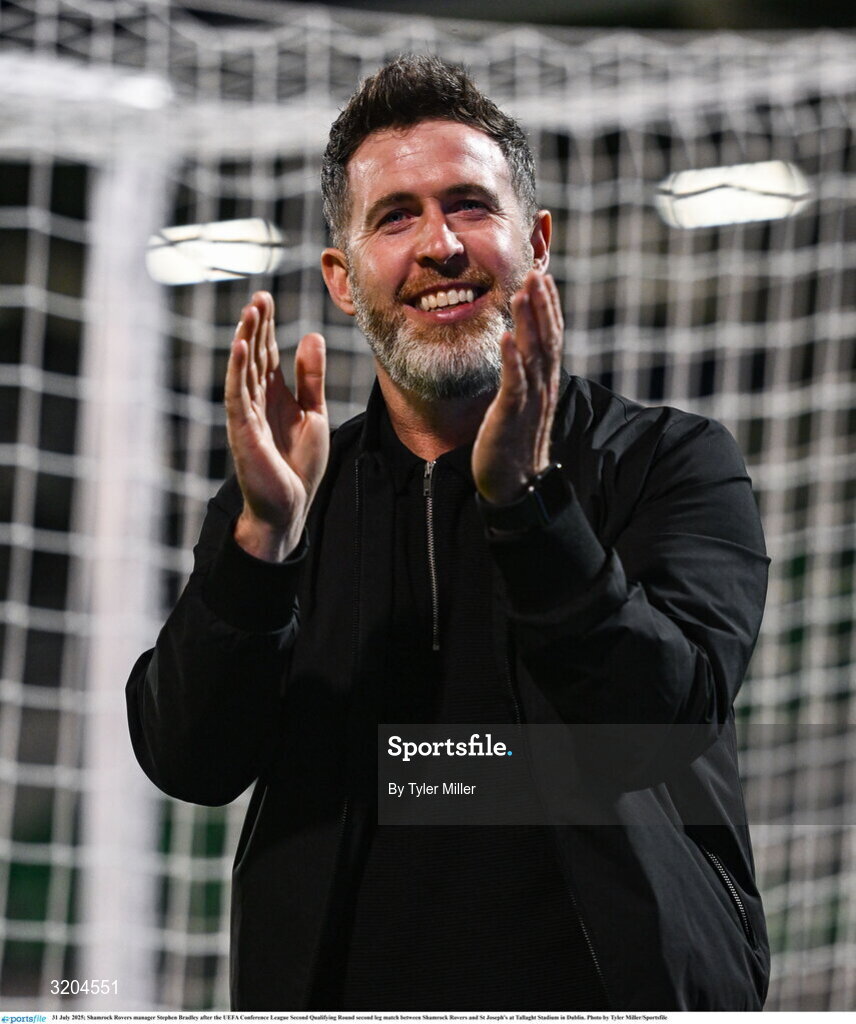 31 July 2025; Shamrock Rovers manager Stephen Bradley after the UEFA Conference League Second Qualifying Round second leg match between Shamrock Rovers and St Joseph's at Tallaght Stadium in Dublin. Photo by Tyler Miller/Sportsfile