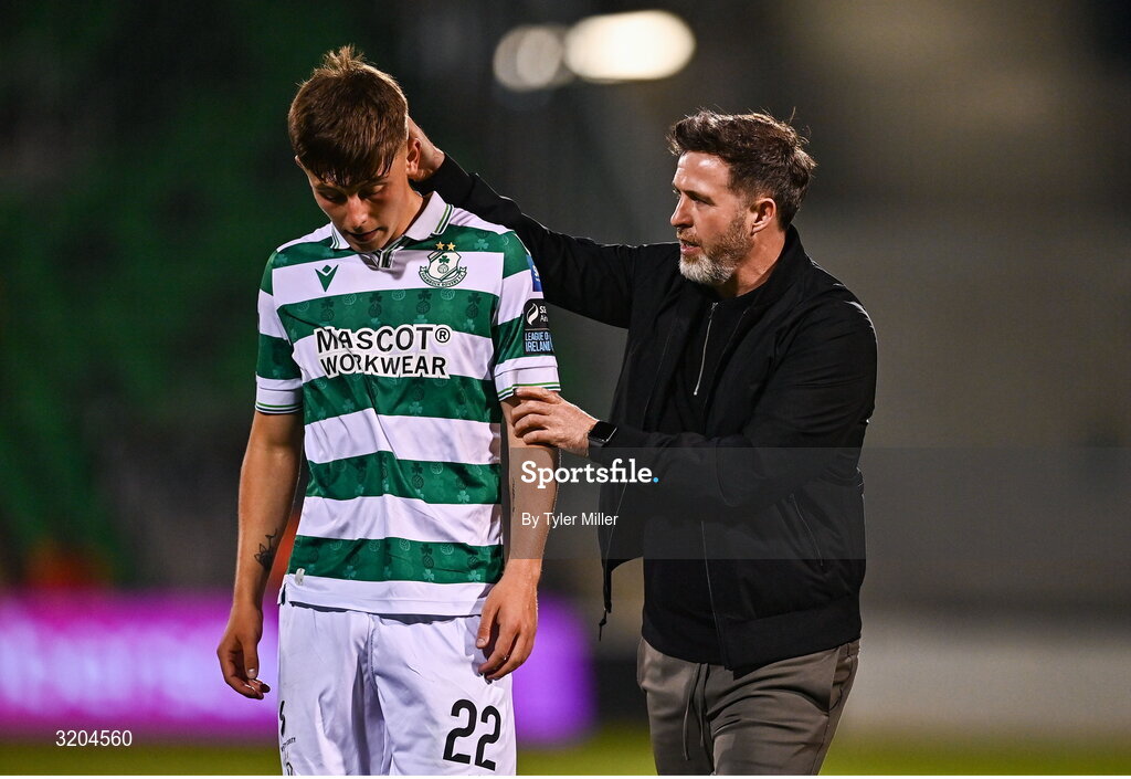 31 July 2025; Shamrock Rovers manager Stephen Bradley with Cian Barrett of Shamrock Rovers, left, after the UEFA Conference League Second Qualifying Round second leg match between Shamrock Rovers and St Joseph's at Tallaght Stadium in Dublin. Photo by Tyler Miller/Sportsfile