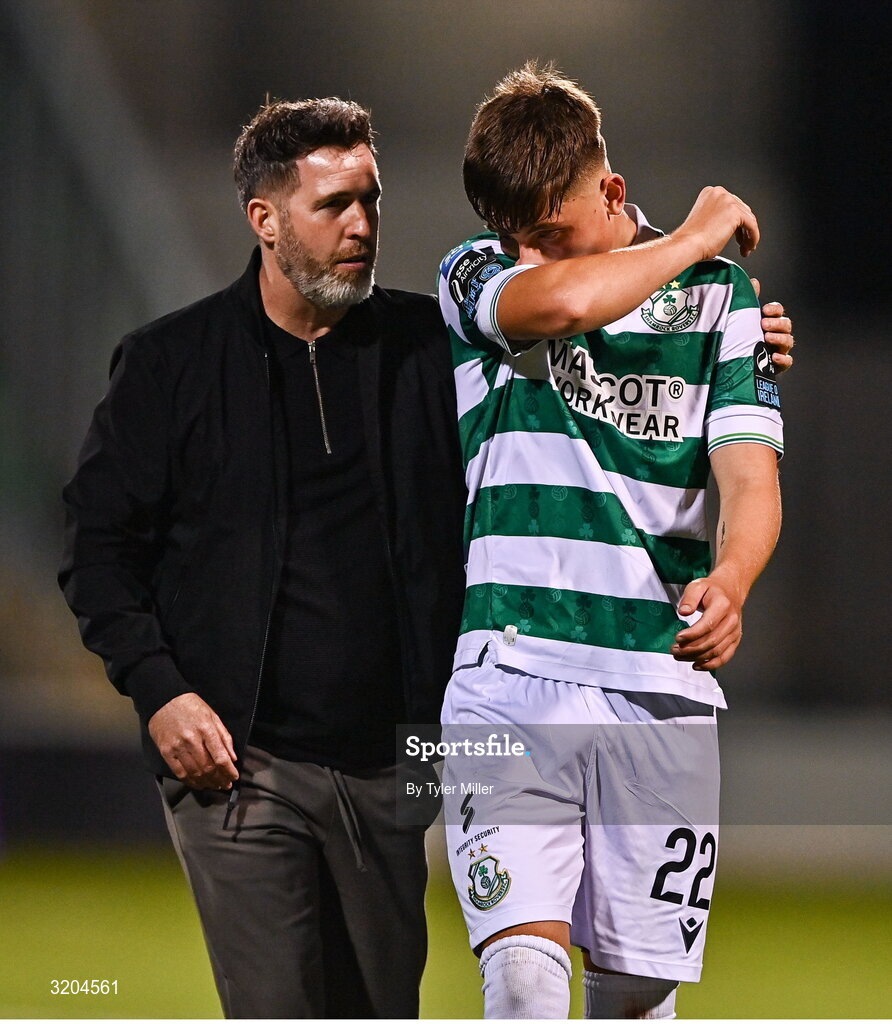 31 July 2025; Shamrock Rovers manager Stephen Bradley with Cian Barrett of Shamrock Rovers, right, after the UEFA Conference League Second Qualifying Round second leg match between Shamrock Rovers and St Joseph's at Tallaght Stadium in Dublin. Photo by Tyler Miller/Sportsfile