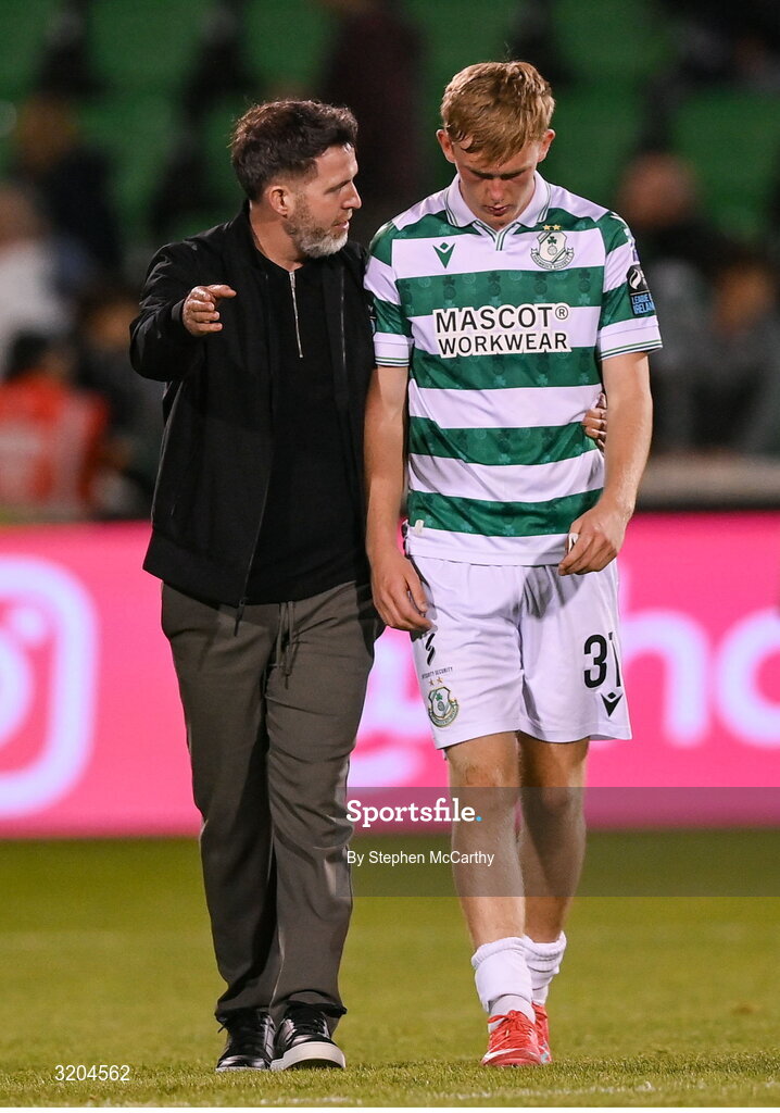 31 July 2025; Shamrock Rovers manager Stephen Bradley, left, with Michael Noonan of Shamrock Rovers after the UEFA Conference League Second Qualifying Round second leg match between Shamrock Rovers and St Joseph's at Tallaght Stadium in Dublin. Photo by Stephen McCarthy/Sportsfile