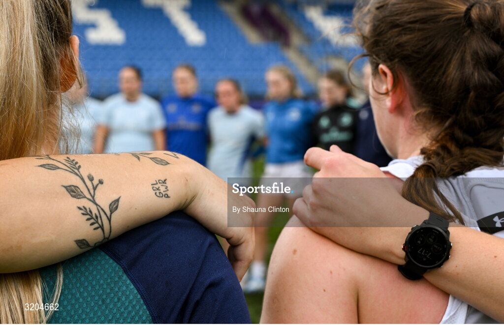 31 July 2025; Players huddle during a Leinster Rugby women's squad training session at Energia Park in Dublin. Photo by Shauna Clinton/Sportsfile