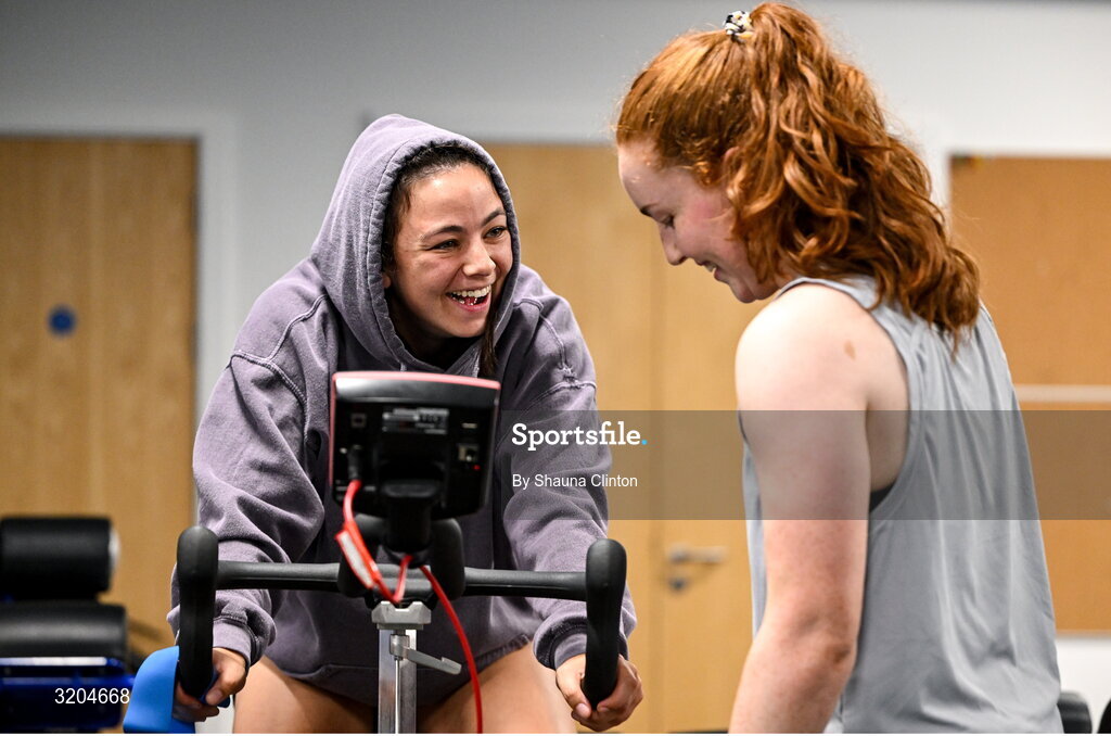 31 July 2025; Natasja Behan, left, and Ella Durkan during a Leinster Rugby women's squad training session at Energia Park in Dublin. Photo by Shauna Clinton/Sportsfile