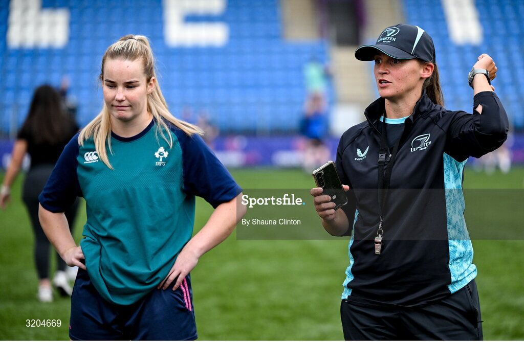 31 July 2025; Backs and defence coach Michelle Claffey, right, and Andrea Murphy during a Leinster Rugby women's squad training session at Energia Park in Dublin. Photo by Shauna Clinton/Sportsfile