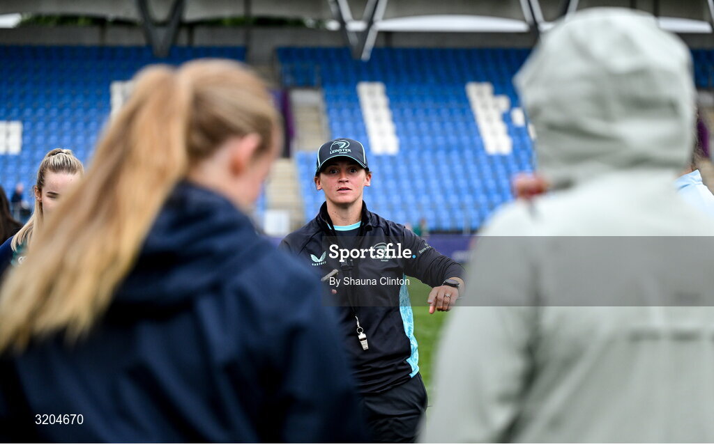 31 July 2025; Backs and defence coach Michelle Claffey during a Leinster Rugby women's squad training session at Energia Park in Dublin. Photo by Shauna Clinton/Sportsfile