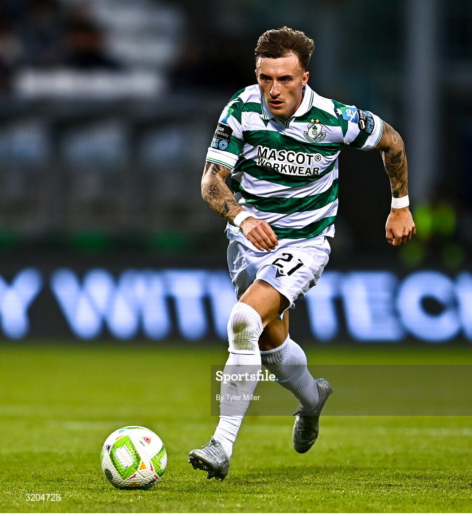 31 July 2025; Danny Grant of Shamrock Rovers during the UEFA Conference League Second Qualifying Round second leg match between Shamrock Rovers and St Joseph's at Tallaght Stadium in Dublin. Photo by Tyler Miller/Sportsfile