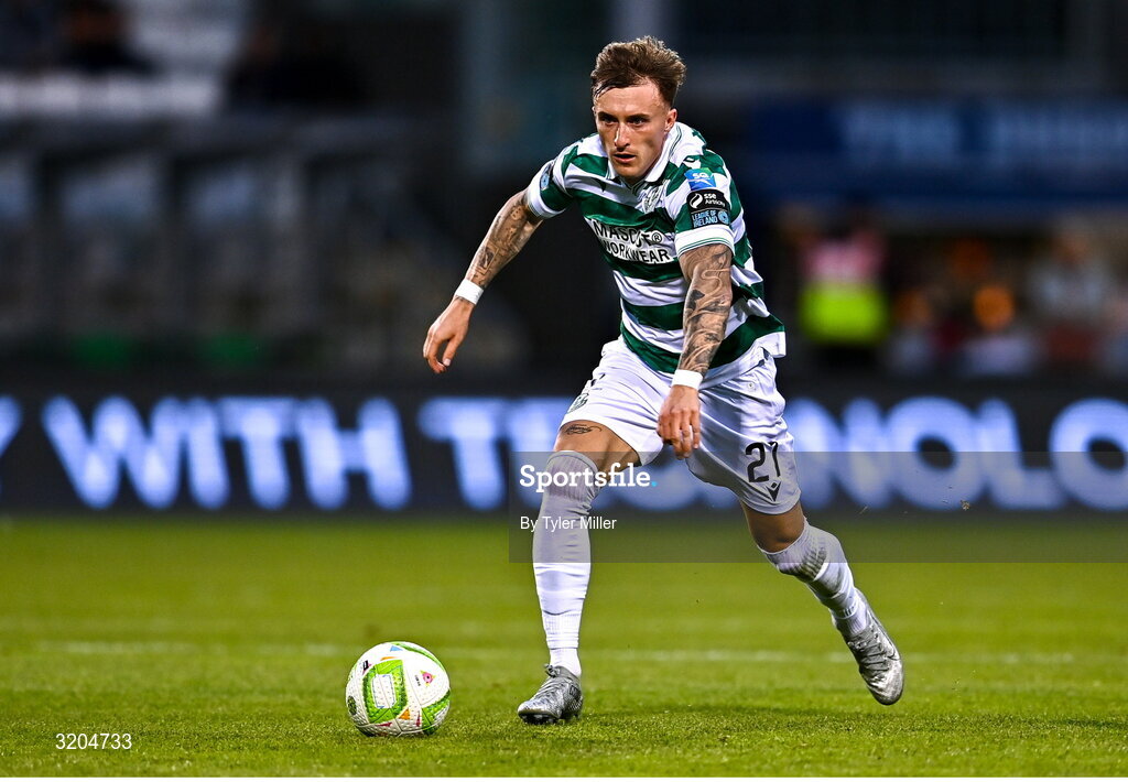 31 July 2025; Danny Grant of Shamrock Rovers during the UEFA Conference League Second Qualifying Round second leg match between Shamrock Rovers and St Joseph's at Tallaght Stadium in Dublin. Photo by Tyler Miller/Sportsfile