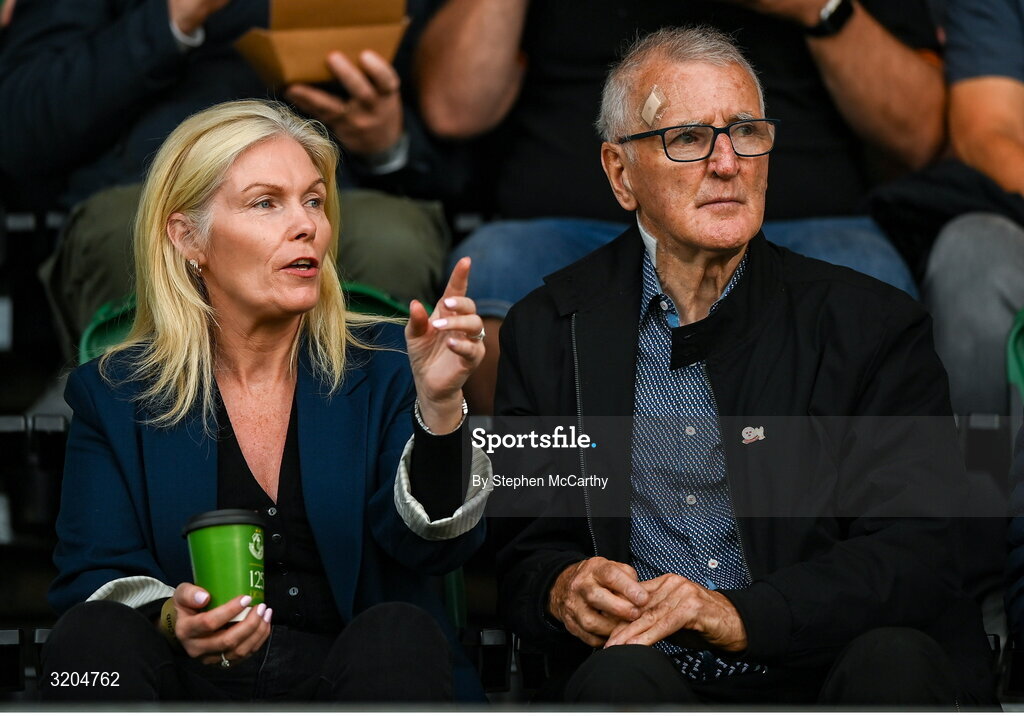 31 July 2025; FAI board member Caroline Rhatigan and FAI honorary life member Shay Weafer during the UEFA Conference League Second Qualifying Round second leg match between Shamrock Rovers and St Joseph's at Tallaght Stadium in Dublin. Photo by Stephen McCarthy/Sportsfile