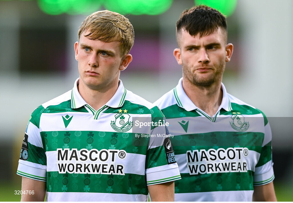 31 July 2025; Michael Noonan, left, and Josh Honohan of Shamrock Rovers before the UEFA Conference League Second Qualifying Round second leg match between Shamrock Rovers and St Joseph's at Tallaght Stadium in Dublin. Photo by Stephen McCarthy/Sportsfile