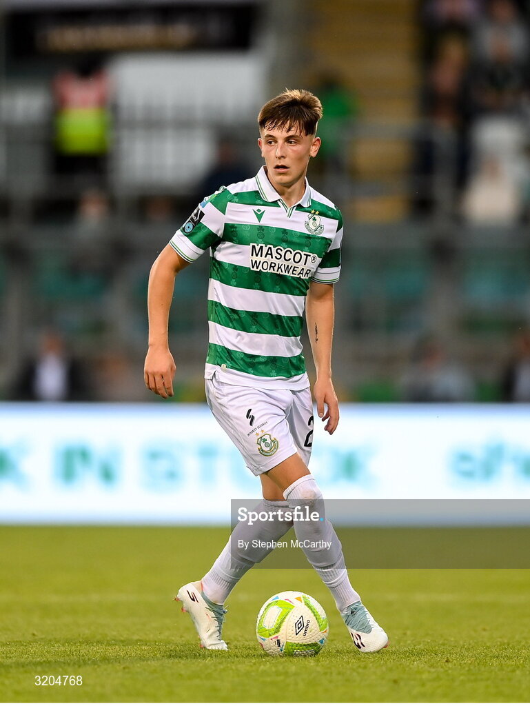 31 July 2025; Cian Barrett of Shamrock Rovers during the UEFA Conference League Second Qualifying Round second leg match between Shamrock Rovers and St Joseph's at Tallaght Stadium in Dublin. Photo by Stephen McCarthy/Sportsfile