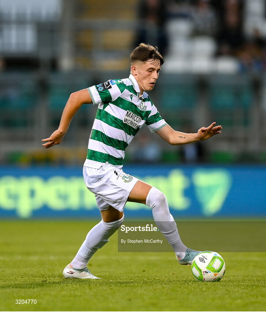 31 July 2025; Cian Barrett of Shamrock Rovers during the UEFA Conference League Second Qualifying Round second leg match between Shamrock Rovers and St Joseph's at Tallaght Stadium in Dublin. Photo by Stephen McCarthy/Sportsfile