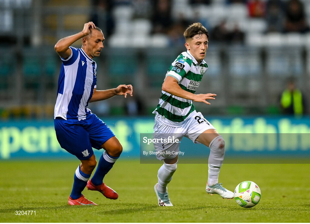 31 July 2025; Cian Barrett of Shamrock Rovers during the UEFA Conference League Second Qualifying Round second leg match between Shamrock Rovers and St Joseph's at Tallaght Stadium in Dublin. Photo by Stephen McCarthy/Sportsfile