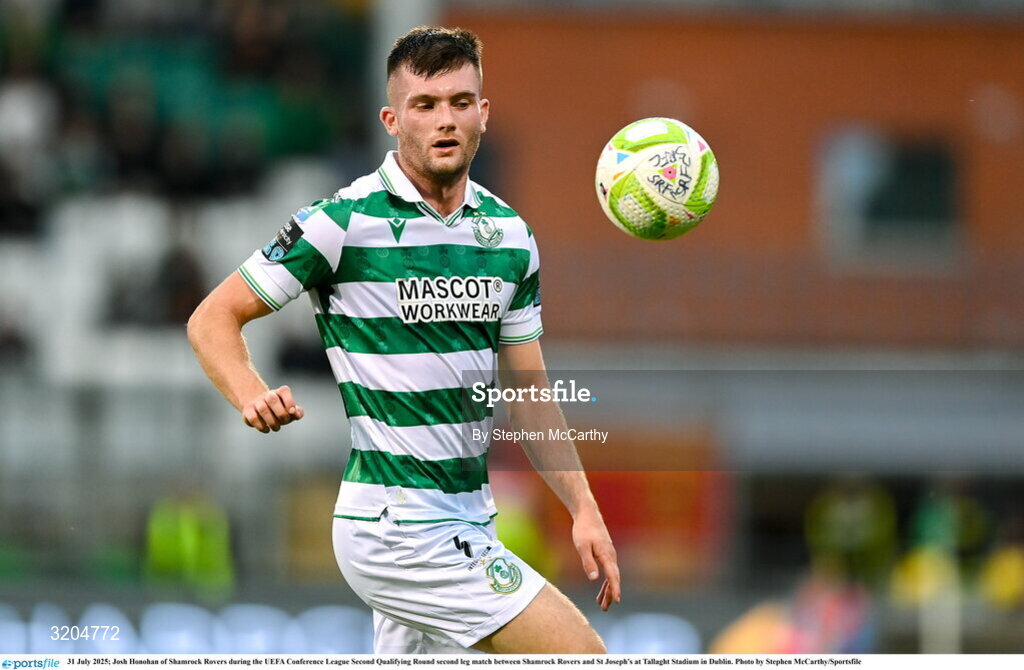 31 July 2025; Josh Honohan of Shamrock Rovers during the UEFA Conference League Second Qualifying Round second leg match between Shamrock Rovers and St Joseph's at Tallaght Stadium in Dublin. Photo by Stephen McCarthy/Sportsfile