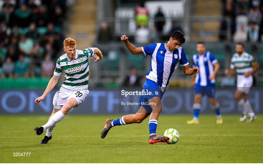 31 July 2025; Gabri Cardozo of St Joesph's in action against Rory Gaffney of Shamrock Rovers during the UEFA Conference League Second Qualifying Round second leg match between Shamrock Rovers and St Joseph's at Tallaght Stadium in Dublin. Photo by Stephen McCarthy/Sportsfile