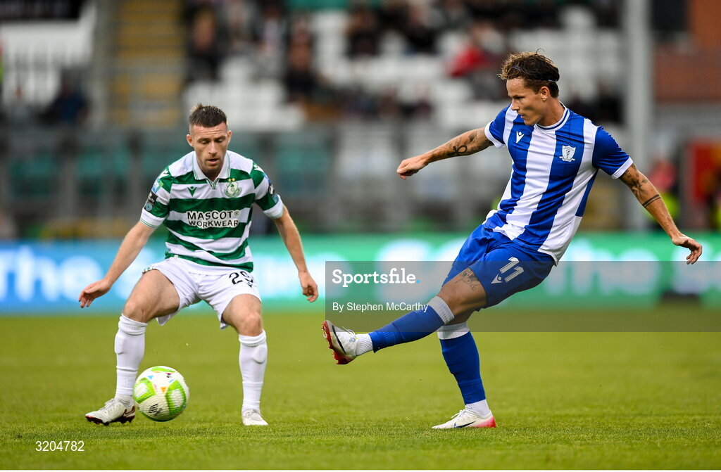 31 July 2025; Leon Volz of St Joseph's in action against Jack Byrne of Shamrock Rovers during the UEFA Conference League Second Qualifying Round second leg match between Shamrock Rovers and St Joseph's at Tallaght Stadium in Dublin. Photo by Stephen McCarthy/Sportsfile