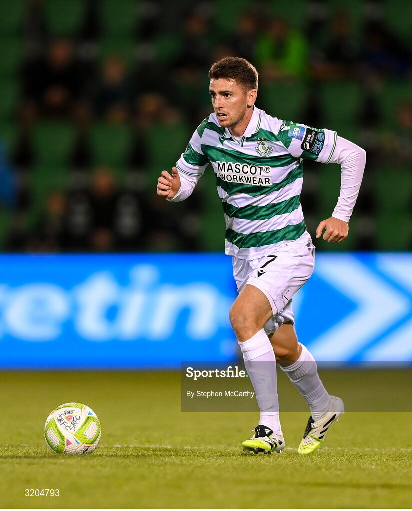 31 July 2025; Dylan Watts of Shamrock Rovers during the UEFA Conference League Second Qualifying Round second leg match between Shamrock Rovers and St Joseph's at Tallaght Stadium in Dublin. Photo by Stephen McCarthy/Sportsfile