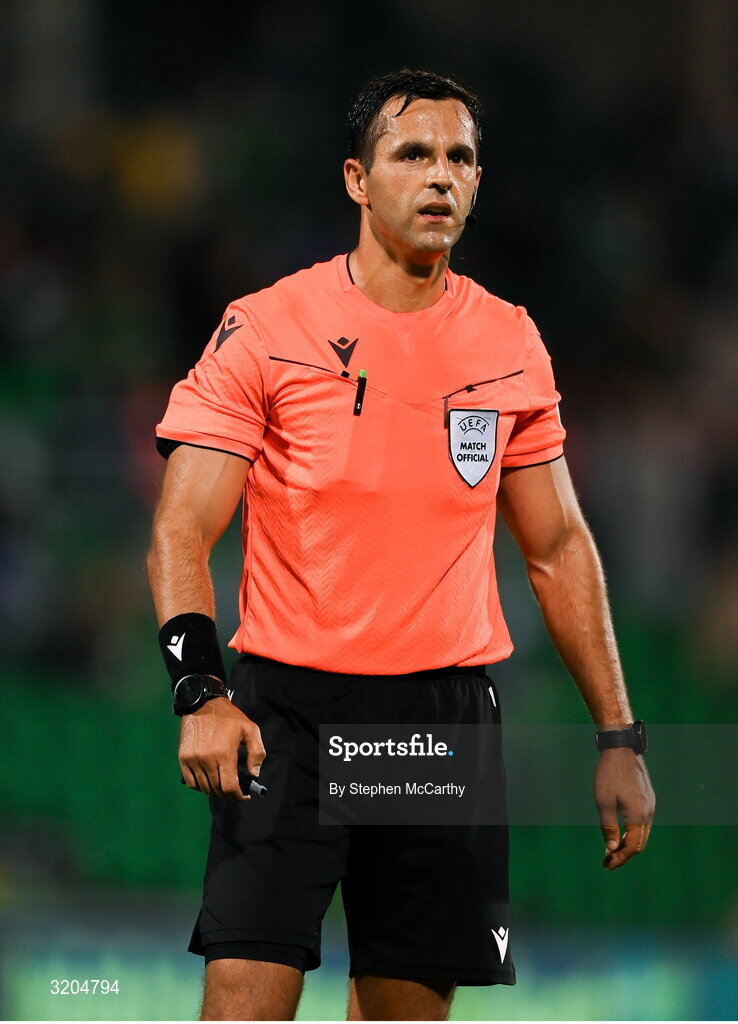 31 July 2025; Referee Granit Maqedonci during the UEFA Conference League Second Qualifying Round second leg match between Shamrock Rovers and St Joseph's at Tallaght Stadium in Dublin. Photo by Stephen McCarthy/Sportsfile