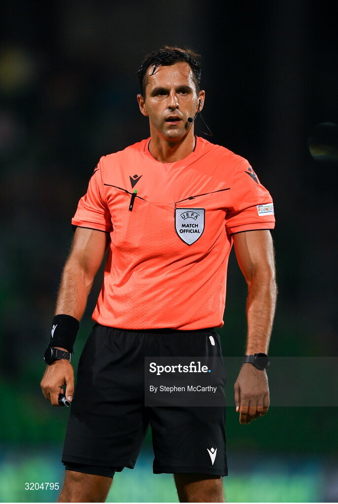 31 July 2025; Referee Granit Maqedonci during the UEFA Conference League Second Qualifying Round second leg match between Shamrock Rovers and St Joseph's at Tallaght Stadium in Dublin. Photo by Stephen McCarthy/Sportsfile
