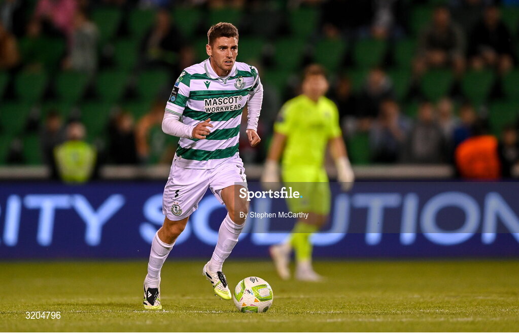 31 July 2025; Dylan Watts of Shamrock Rovers during the UEFA Conference League Second Qualifying Round second leg match between Shamrock Rovers and St Joseph's at Tallaght Stadium in Dublin. Photo by Stephen McCarthy/Sportsfile