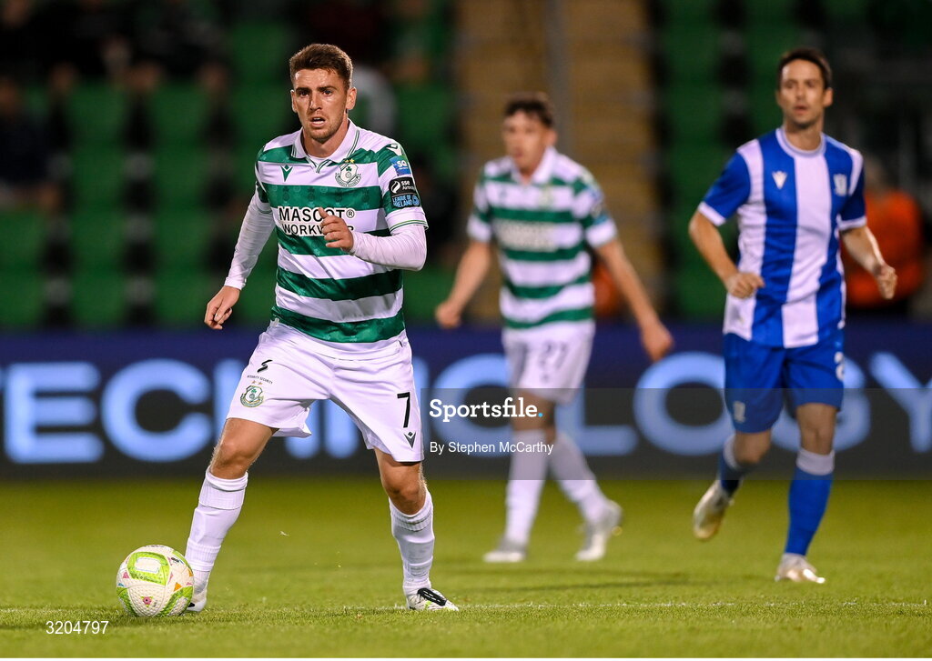 31 July 2025; Dylan Watts of Shamrock Rovers during the UEFA Conference League Second Qualifying Round second leg match between Shamrock Rovers and St Joseph's at Tallaght Stadium in Dublin. Photo by Stephen McCarthy/Sportsfile