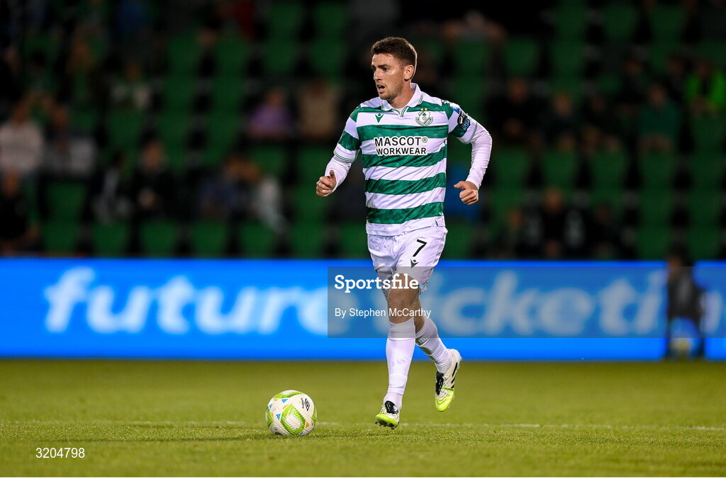 31 July 2025; Dylan Watts of Shamrock Rovers during the UEFA Conference League Second Qualifying Round second leg match between Shamrock Rovers and St Joseph's at Tallaght Stadium in Dublin. Photo by Stephen McCarthy/Sportsfile