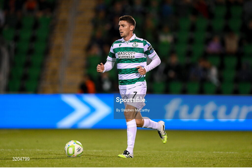 31 July 2025; Dylan Watts of Shamrock Rovers during the UEFA Conference League Second Qualifying Round second leg match between Shamrock Rovers and St Joseph's at Tallaght Stadium in Dublin. Photo by Stephen McCarthy/Sportsfile