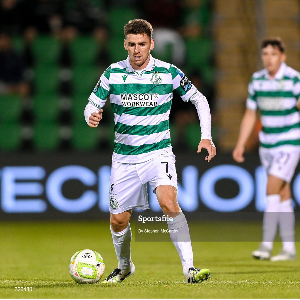 31 July 2025; Dylan Watts of Shamrock Rovers during the UEFA Conference League Second Qualifying Round second leg match between Shamrock Rovers and St Joseph's at Tallaght Stadium in Dublin. Photo by Stephen McCarthy/Sportsfile
