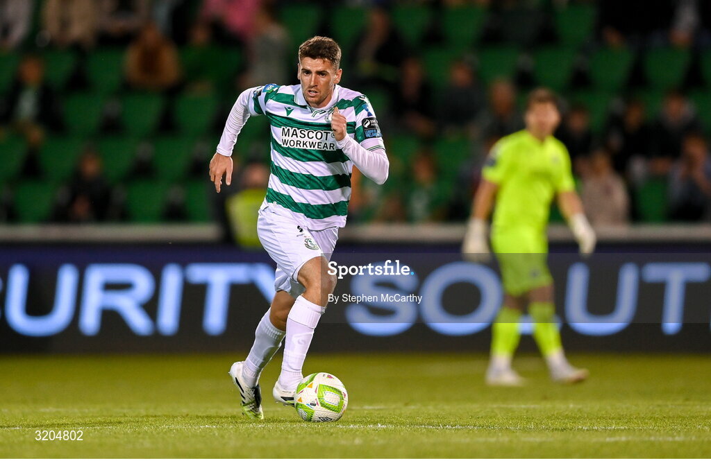 31 July 2025; Dylan Watts of Shamrock Rovers during the UEFA Conference League Second Qualifying Round second leg match between Shamrock Rovers and St Joseph's at Tallaght Stadium in Dublin. Photo by Stephen McCarthy/Sportsfile