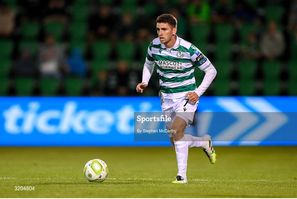 31 July 2025; Dylan Watts of Shamrock Rovers during the UEFA Conference League Second Qualifying Round second leg match between Shamrock Rovers and St Joseph's at Tallaght Stadium in Dublin. Photo by Stephen McCarthy/Sportsfile