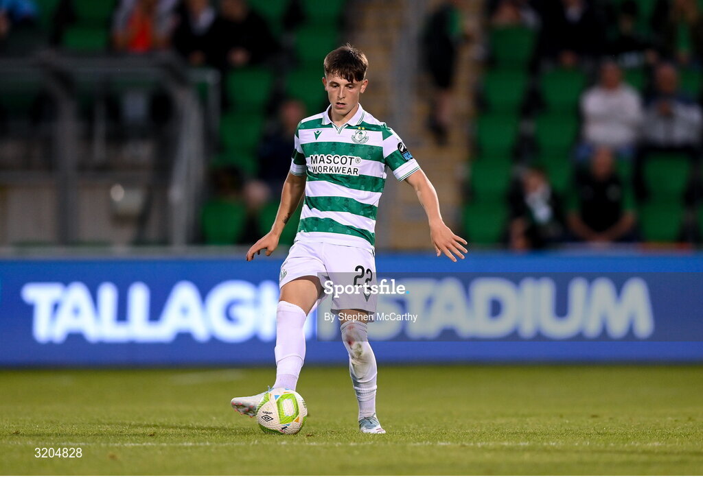 31 July 2025; Cian Barrett of Shamrock Rovers during the UEFA Conference League Second Qualifying Round second leg match between Shamrock Rovers and St Joseph's at Tallaght Stadium in Dublin. Photo by Stephen McCarthy/Sportsfile