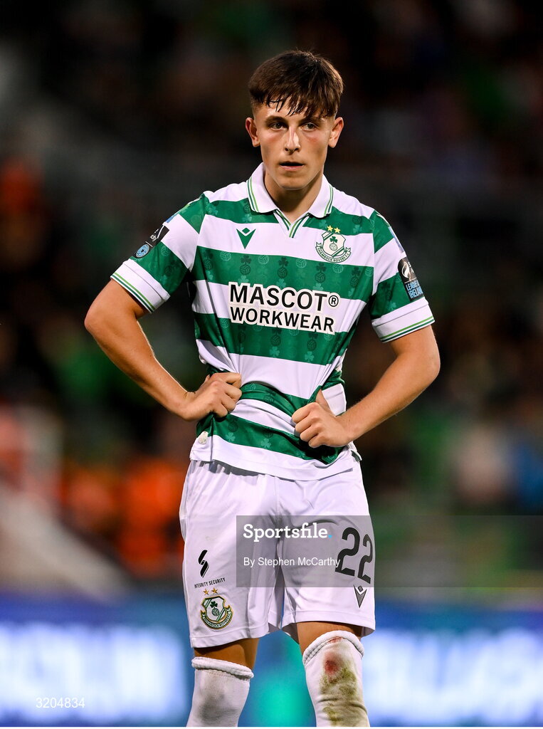 31 July 2025; Cian Barrett of Shamrock Rovers during the UEFA Conference League Second Qualifying Round second leg match between Shamrock Rovers and St Joseph's at Tallaght Stadium in Dublin. Photo by Stephen McCarthy/Sportsfile