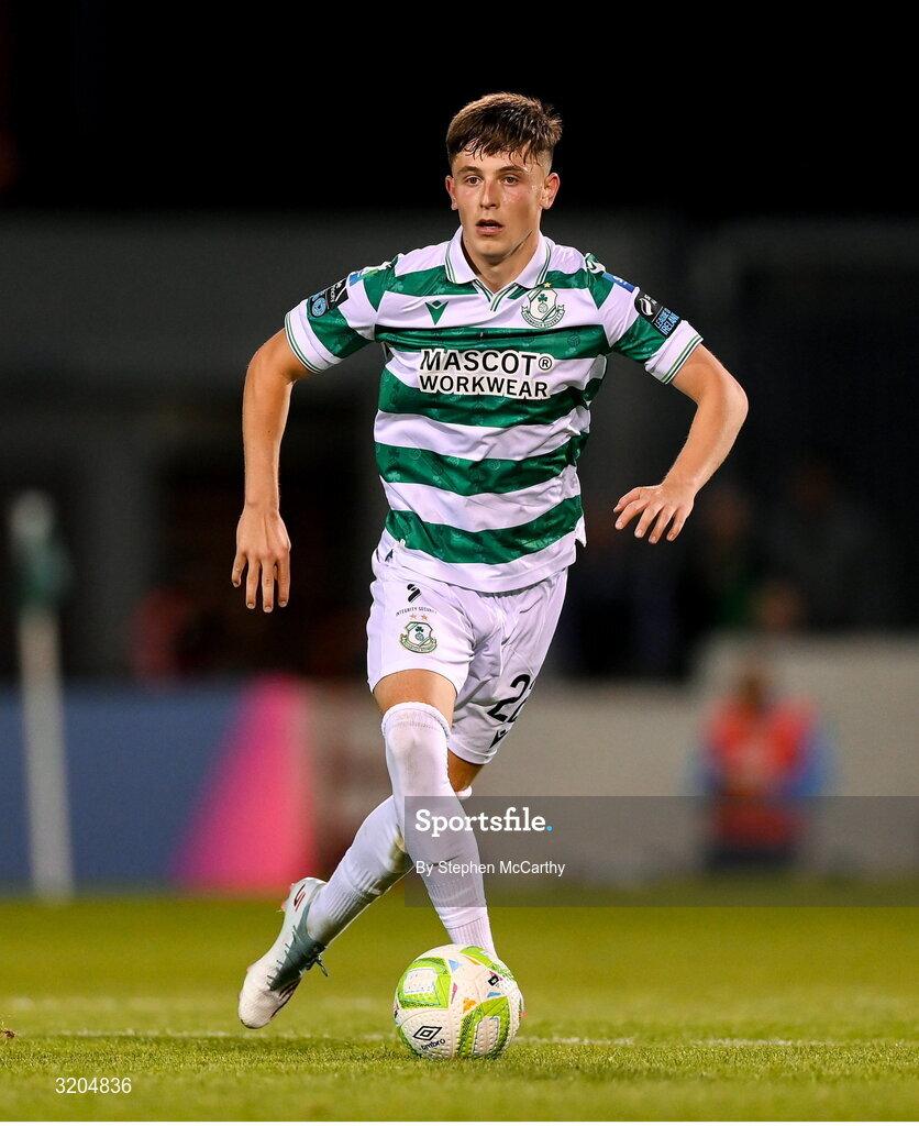 31 July 2025; Cian Barrett of Shamrock Rovers during the UEFA Conference League Second Qualifying Round second leg match between Shamrock Rovers and St Joseph's at Tallaght Stadium in Dublin. Photo by Stephen McCarthy/Sportsfile