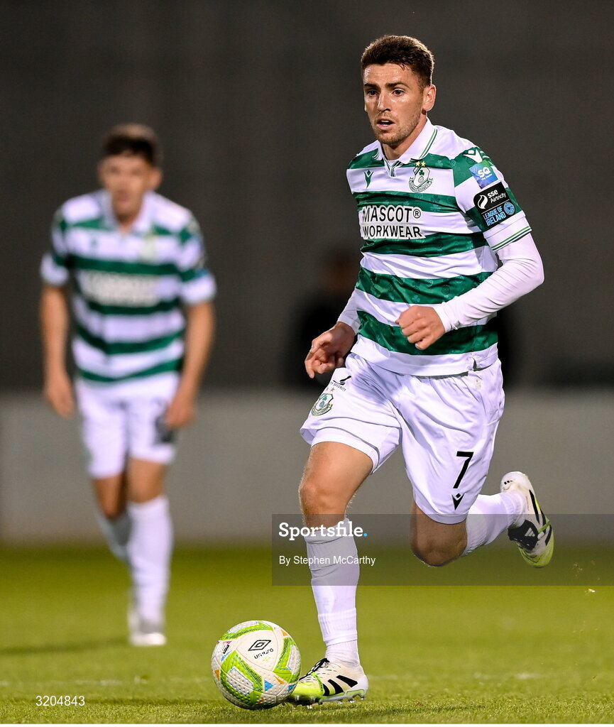 31 July 2025; Dylan Watts of Shamrock Rovers during the UEFA Conference League Second Qualifying Round second leg match between Shamrock Rovers and St Joseph's at Tallaght Stadium in Dublin. Photo by Stephen McCarthy/Sportsfile