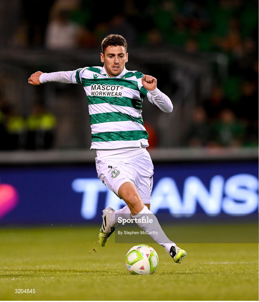 31 July 2025; Dylan Watts of Shamrock Rovers during the UEFA Conference League Second Qualifying Round second leg match between Shamrock Rovers and St Joseph's at Tallaght Stadium in Dublin. Photo by Stephen McCarthy/Sportsfile