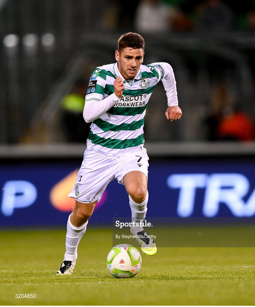 31 July 2025; Dylan Watts of Shamrock Rovers during the UEFA Conference League Second Qualifying Round second leg match between Shamrock Rovers and St Joseph's at Tallaght Stadium in Dublin. Photo by Stephen McCarthy/Sportsfile