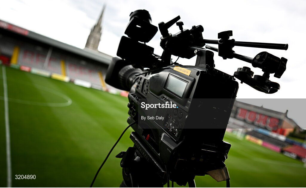 1 August 2025; A broadcast television camera before the SSE Airtricity Men's Premier Division match between Bohemians and Drogheda United at Dalymount Park in Dublin. Photo by Seb Daly/Sportsfile