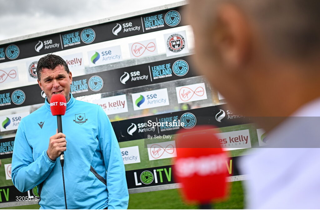 1 August 2025; Drogheda United manager Kevin Doherty is interviewed by Virgin Media Sport before the SSE Airtricity Men's Premier Division match between Bohemians and Drogheda United at Dalymount Park in Dublin. Photo by Seb Daly/Sportsfile