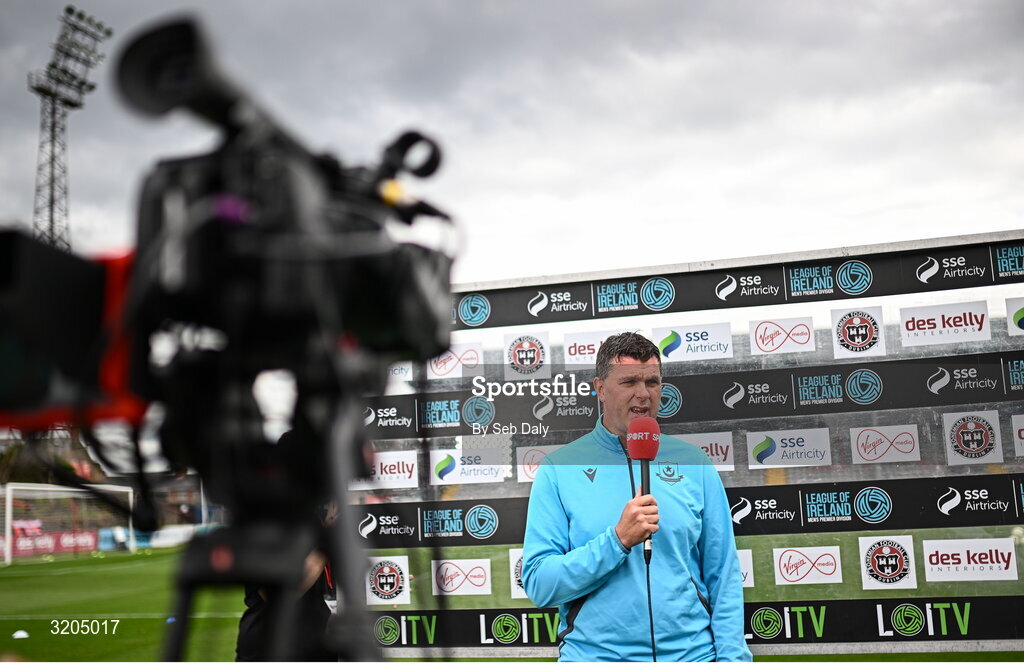 1 August 2025; Drogheda United manager Kevin Doherty is interviewed by Virgin Media Sport before the SSE Airtricity Men's Premier Division match between Bohemians and Drogheda United at Dalymount Park in Dublin. Photo by Seb Daly/Sportsfile