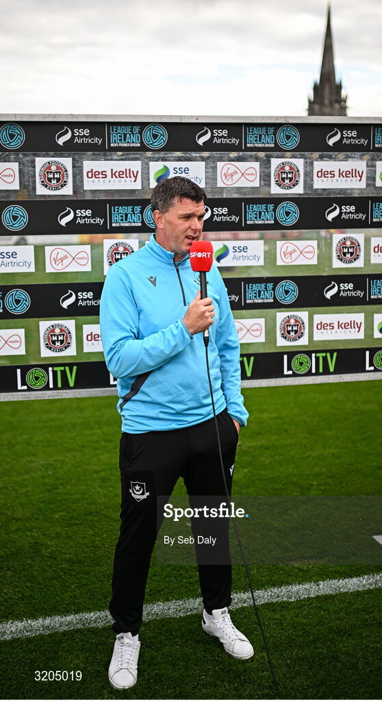 1 August 2025; Drogheda United manager Kevin Doherty is interviewed by Virgin Media Sport before the SSE Airtricity Men's Premier Division match between Bohemians and Drogheda United at Dalymount Park in Dublin. Photo by Seb Daly/Sportsfile