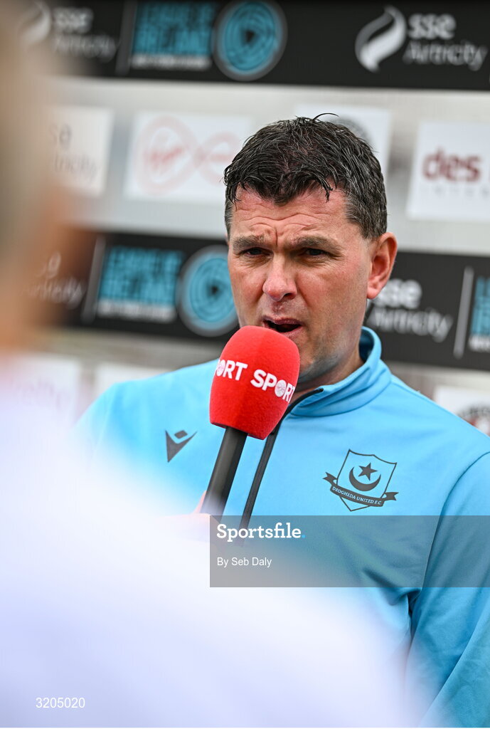 1 August 2025; Drogheda United manager Kevin Doherty is interviewed by Virgin Media Sport before the SSE Airtricity Men's Premier Division match between Bohemians and Drogheda United at Dalymount Park in Dublin. Photo by Seb Daly/Sportsfile