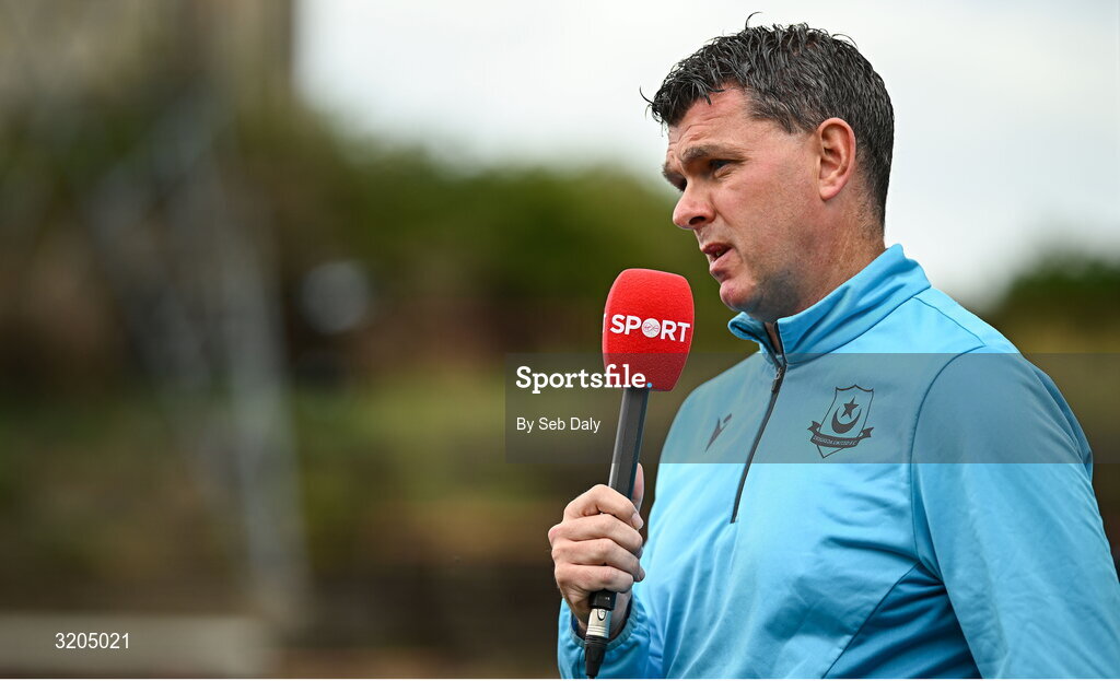 1 August 2025; Drogheda United manager Kevin Doherty is interviewed by Virgin Media Sport before the SSE Airtricity Men's Premier Division match between Bohemians and Drogheda United at Dalymount Park in Dublin. Photo by Seb Daly/Sportsfile
