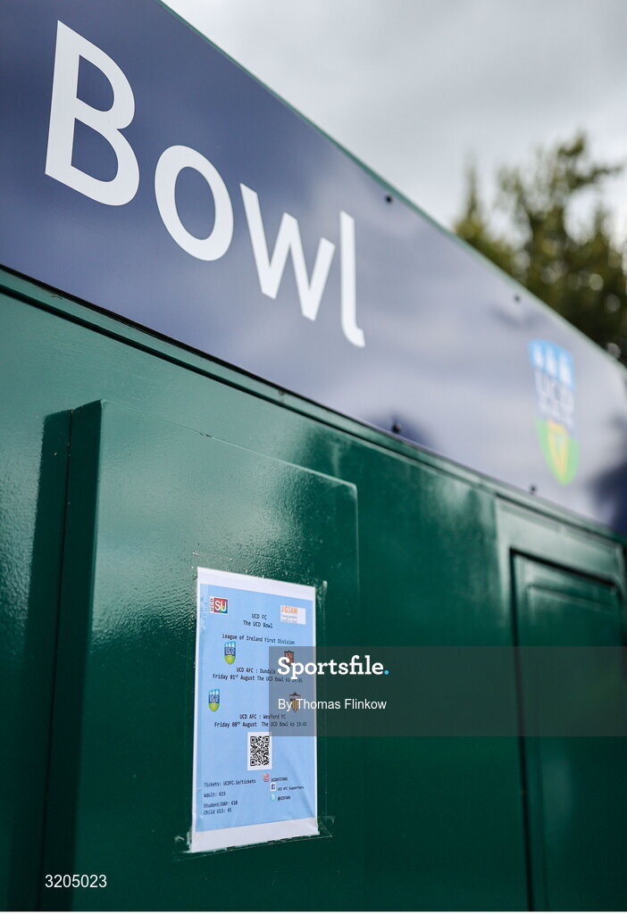 1 August 2025; The match details are seen outside the grounds before the SSE Airtricity Men's First Division match between UCD and Dundalk at UCD Bowl in Belfield, Dublin. Photo by Thomas Flinkow/Sportsfile