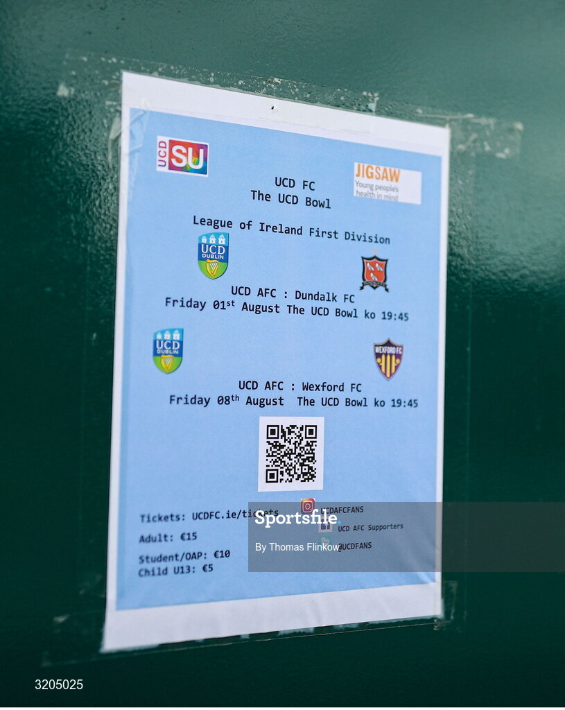 1 August 2025; The match details are seen outside the grounds before the SSE Airtricity Men's First Division match between UCD and Dundalk at UCD Bowl in Belfield, Dublin. Photo by Thomas Flinkow/Sportsfile